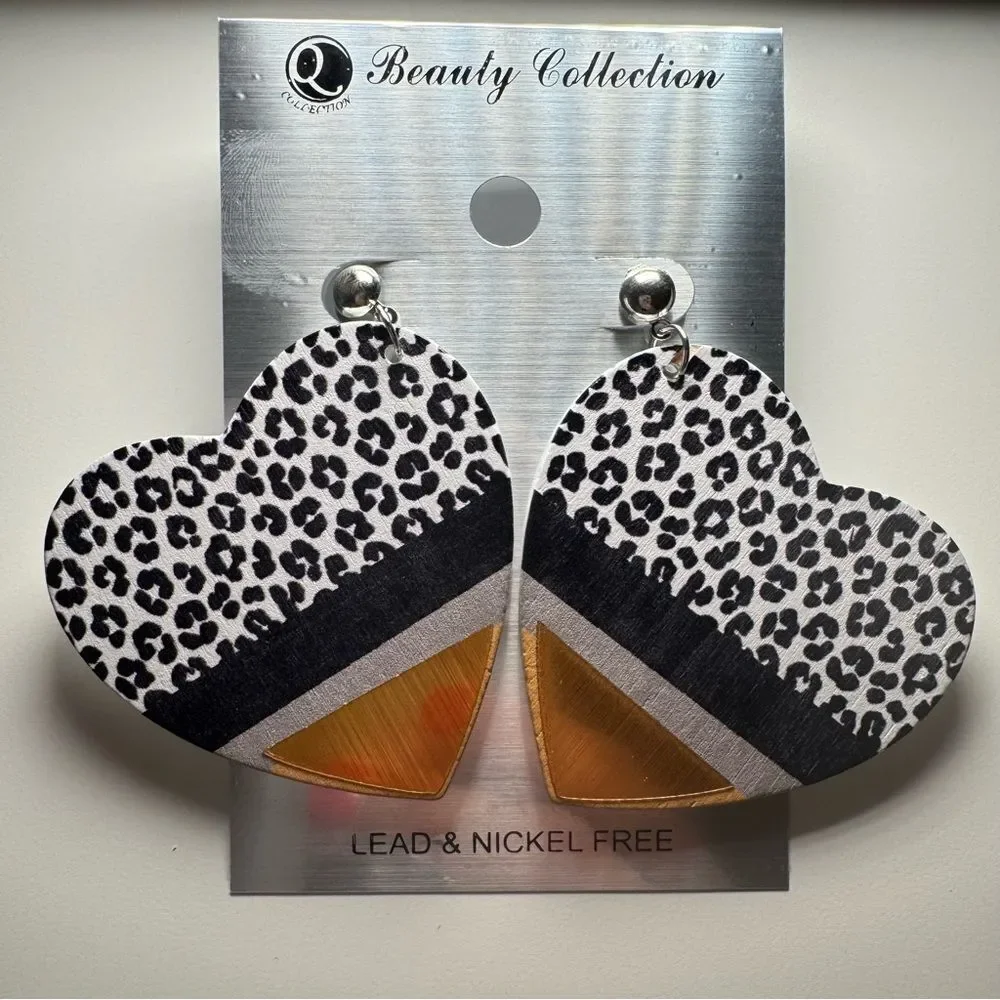 3For$20 Beauty Collection Leopard Print Heart Wood Statement Stud Earrings